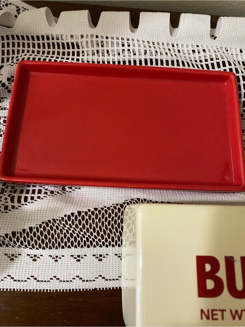 Cost Plus World Market Red & Cream Ceramic Butter Dish - Picture 3 of 7